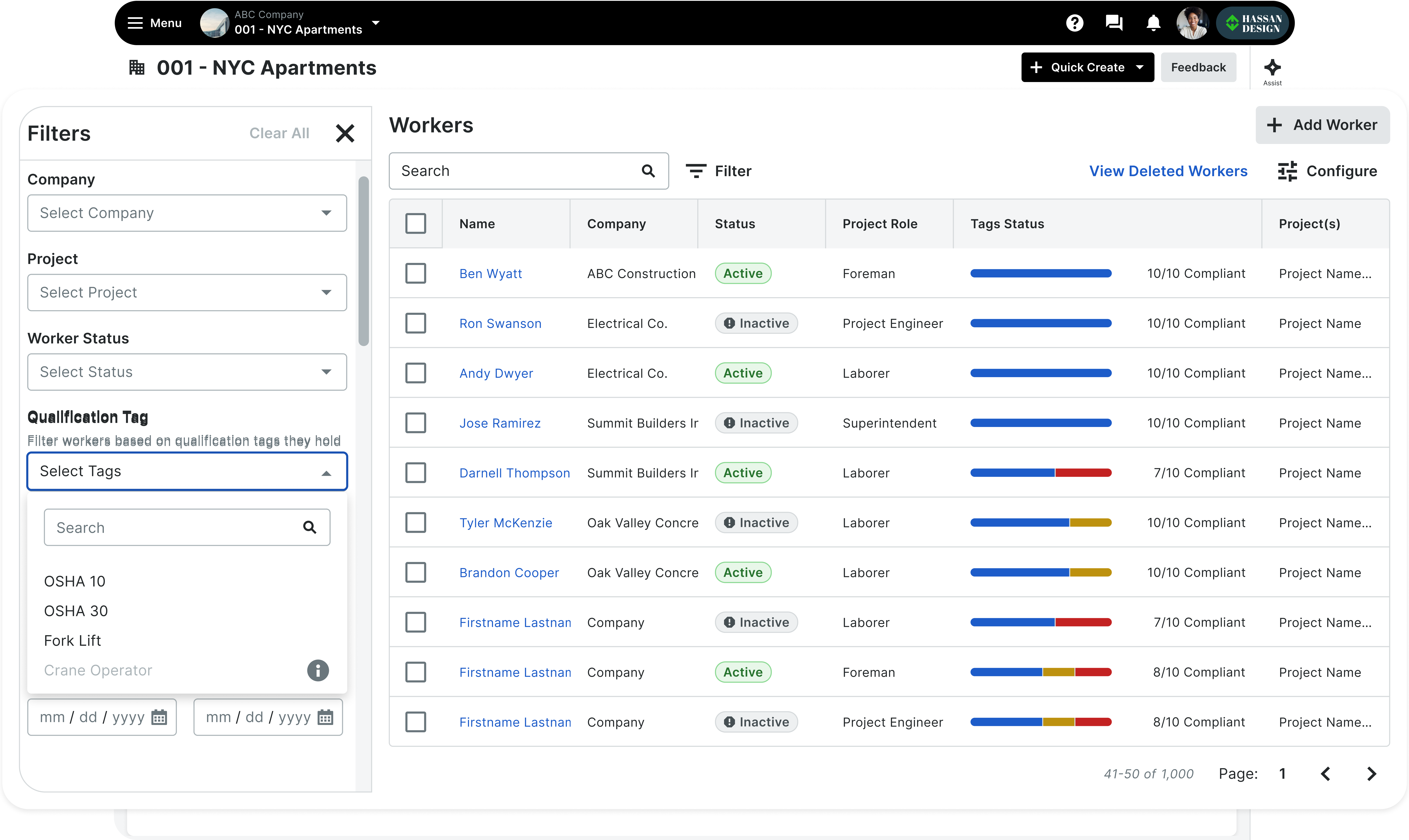 Workers table filter panel and export actions