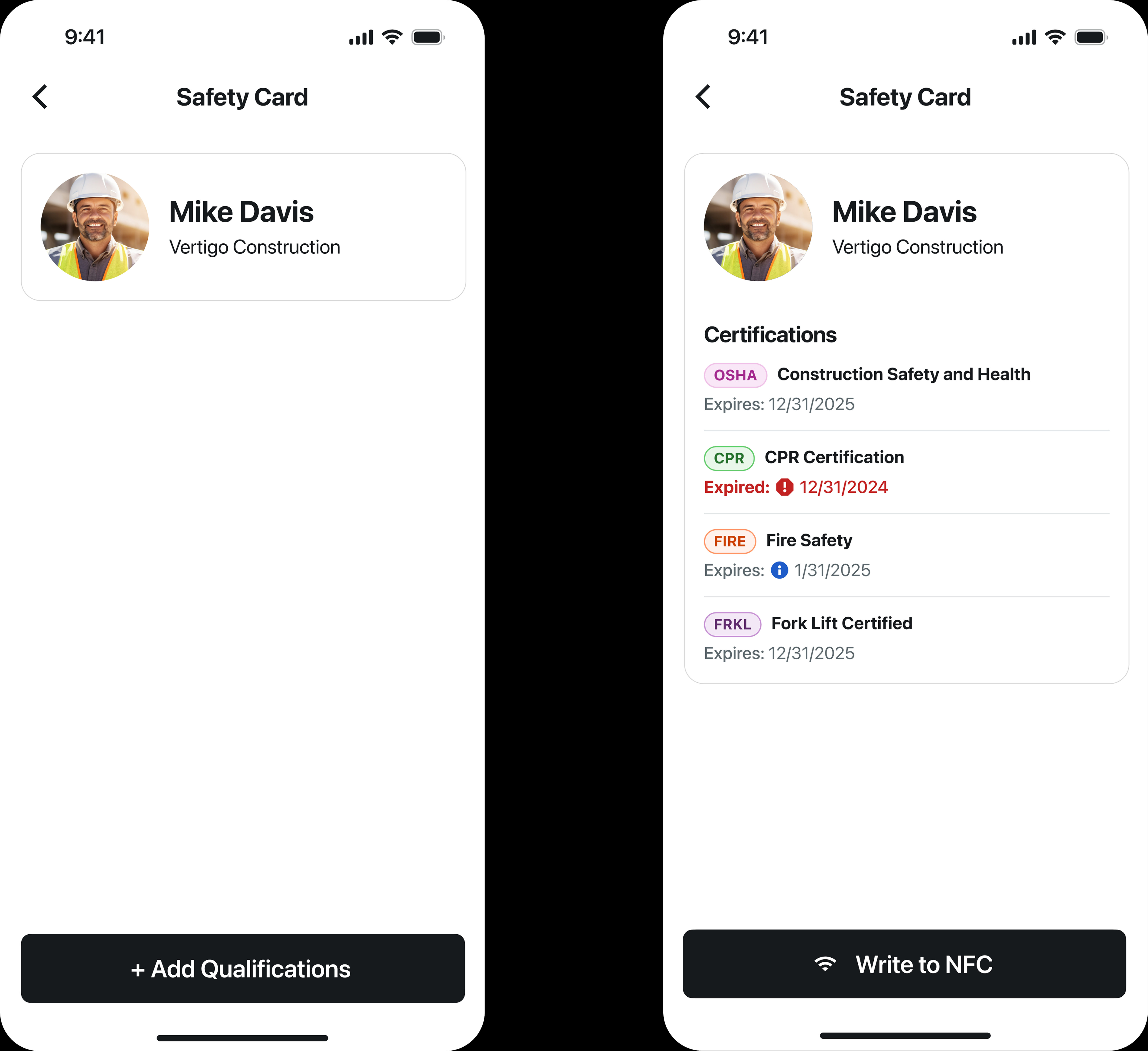 Safety Card — filled and empty state on mobile